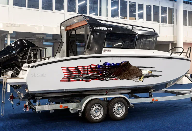 USA flag Boat Wrap Ripped Metal, 3D Bald Eagle Watercraft Graphic, Full Color Speed Boat Vinyl Design, US eagle Yacht Wrap Stick