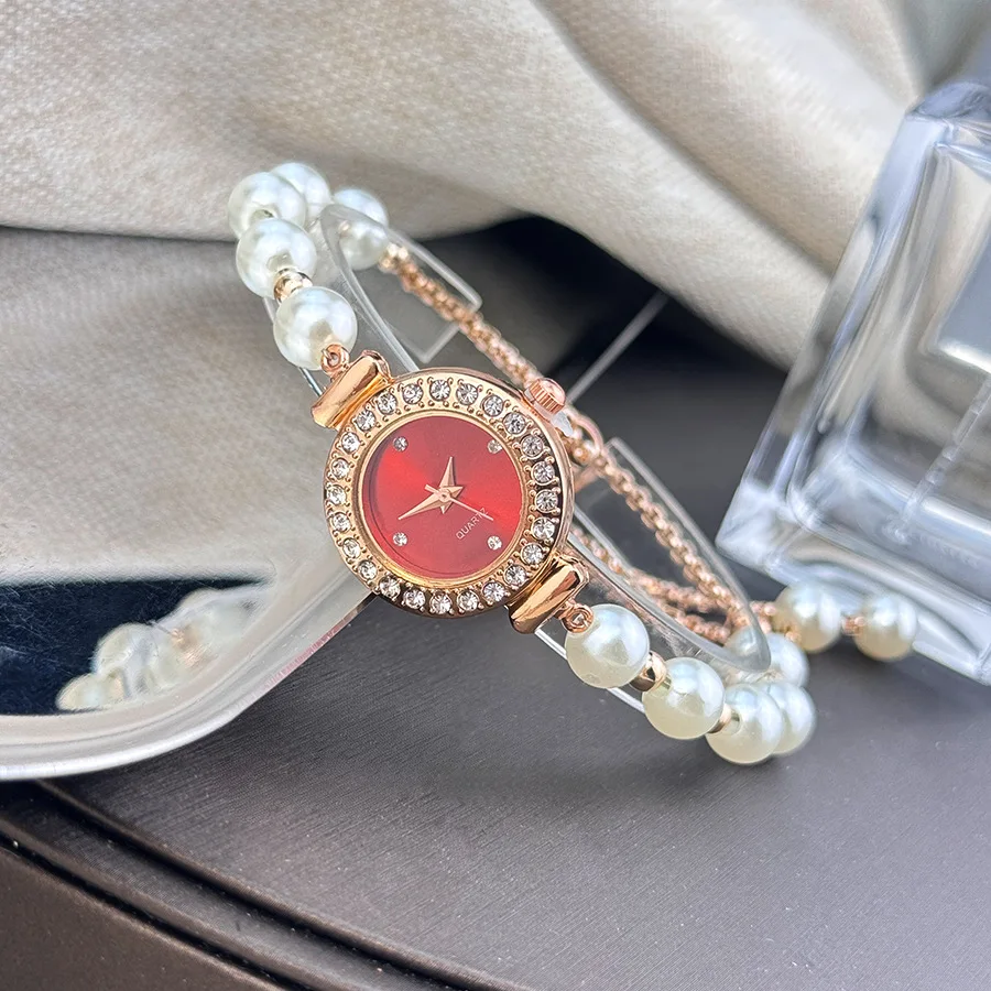 Elegant Women's Adjustable Rose Golden-Tone Alloy Bracelet Watch with White & Accents, Quartz Movement, for Casual Attire