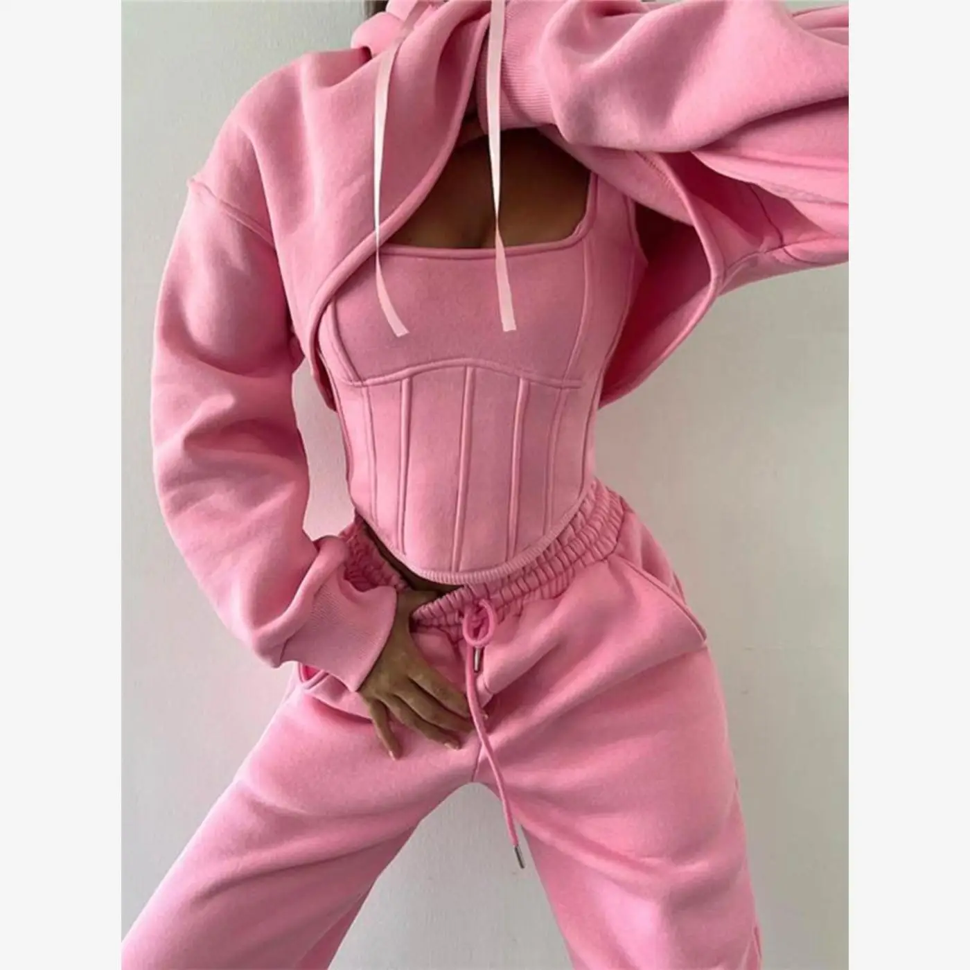 

Women's Hooded Sweater Tank Top Waist-Cinching Pants Set Long Sve Casual Sportswear Tee-Piece Ensemble Polyester Fiber