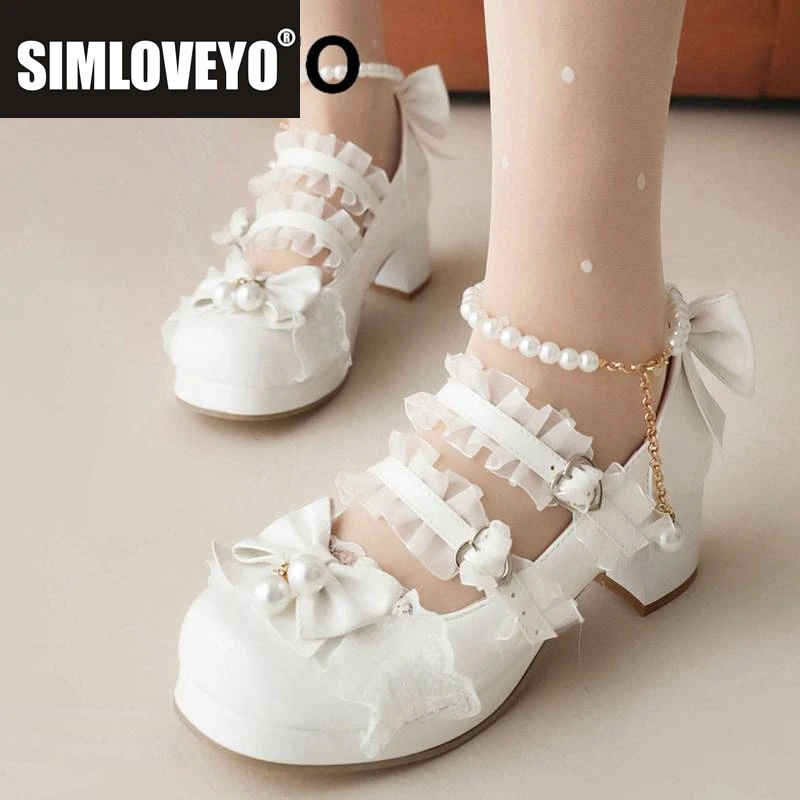 

SIMLOVEYO Женские туфли-лодочки в стиле Лолиты с круглым носком, на массивном каблуке 5 см, на платформе 1,5 см, с бантом и бусинами, милая обувь для девочек, маленький размер 30 31