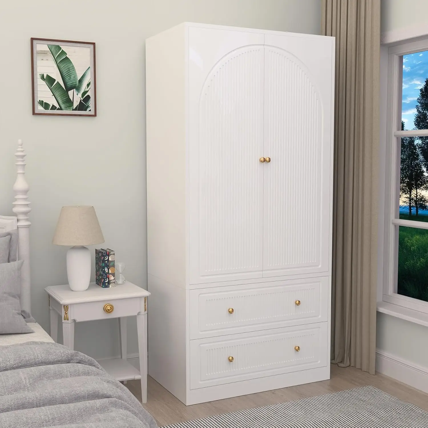 Quarto Branco Armário De Madeira com Haste, Roupeiro, Closet com 2 Portas e 2 Gavetas, Grande Capacidade, Independente, 71"