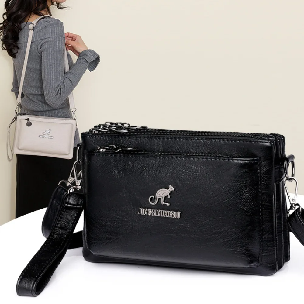 

Soft Multiple Zip Pockets Shoulder Bag Waterproof Large Capacity PU Leather Crossbody Bag Solid Color Adjustable Strap