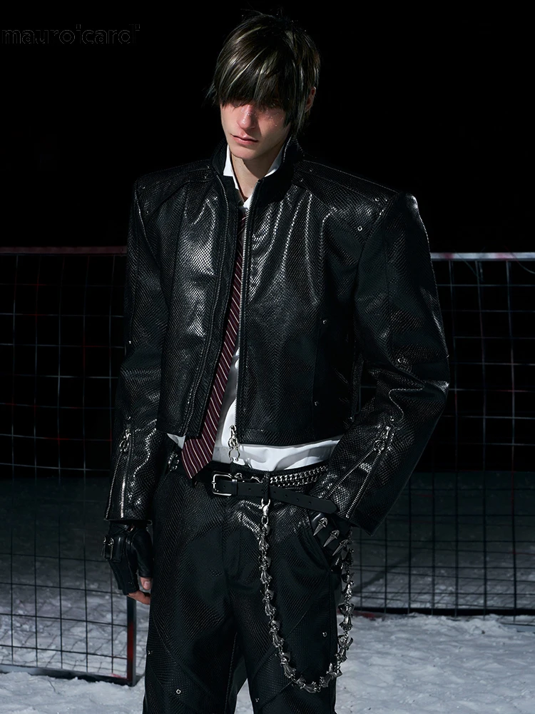 Mauroicardi Spring Autumn Short Black Snakeskin Print Pu Leather Jacket Men Luxury Designer Ruwn European Fashion Zip Up Clothes