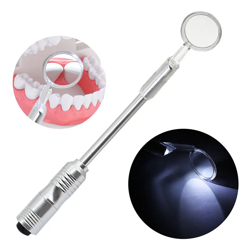 Portable Dental Mouth Mirror 21mm Glass Lens Metal Handle With LED Dental Mirror Light for Oral Inspection