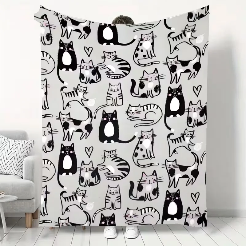 Black White Doodle Cat Heart Blanket Cute Kitten Sketch Print Soft Warm Blanket Sofa Bed Decor All Season