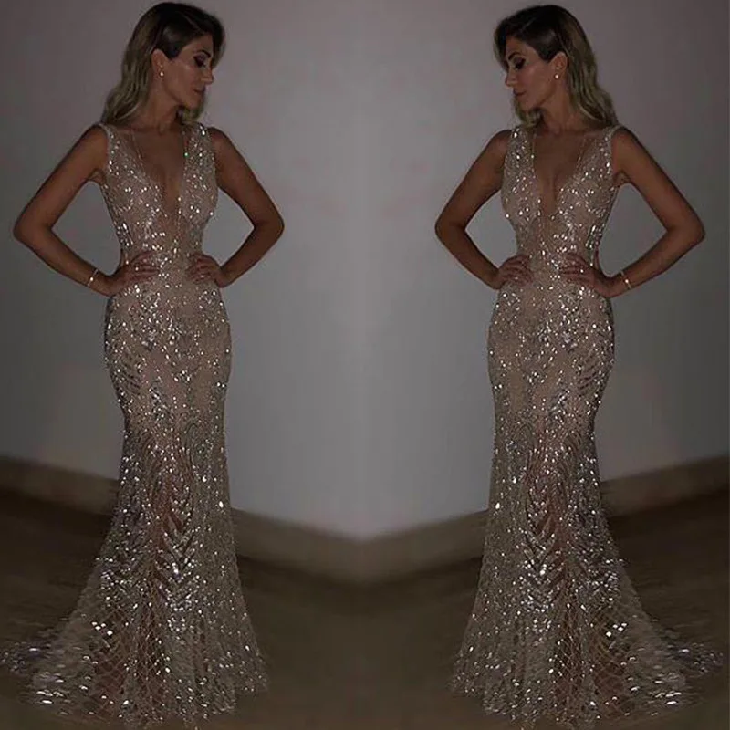 Sexy Open Back Sequined Maxi Dress Floor Length Dress Sleeveless Strapless Deep V Neck Mermaid Party Dress Champagne Gold Silver