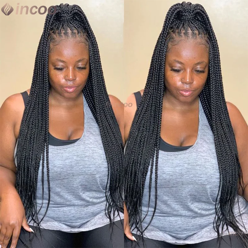 

36" Synthetic Cornrow Braided Wigs For Black Women Braid Lace Wigs African Knotless Box Braiding Hair Lace Frontal Wigs