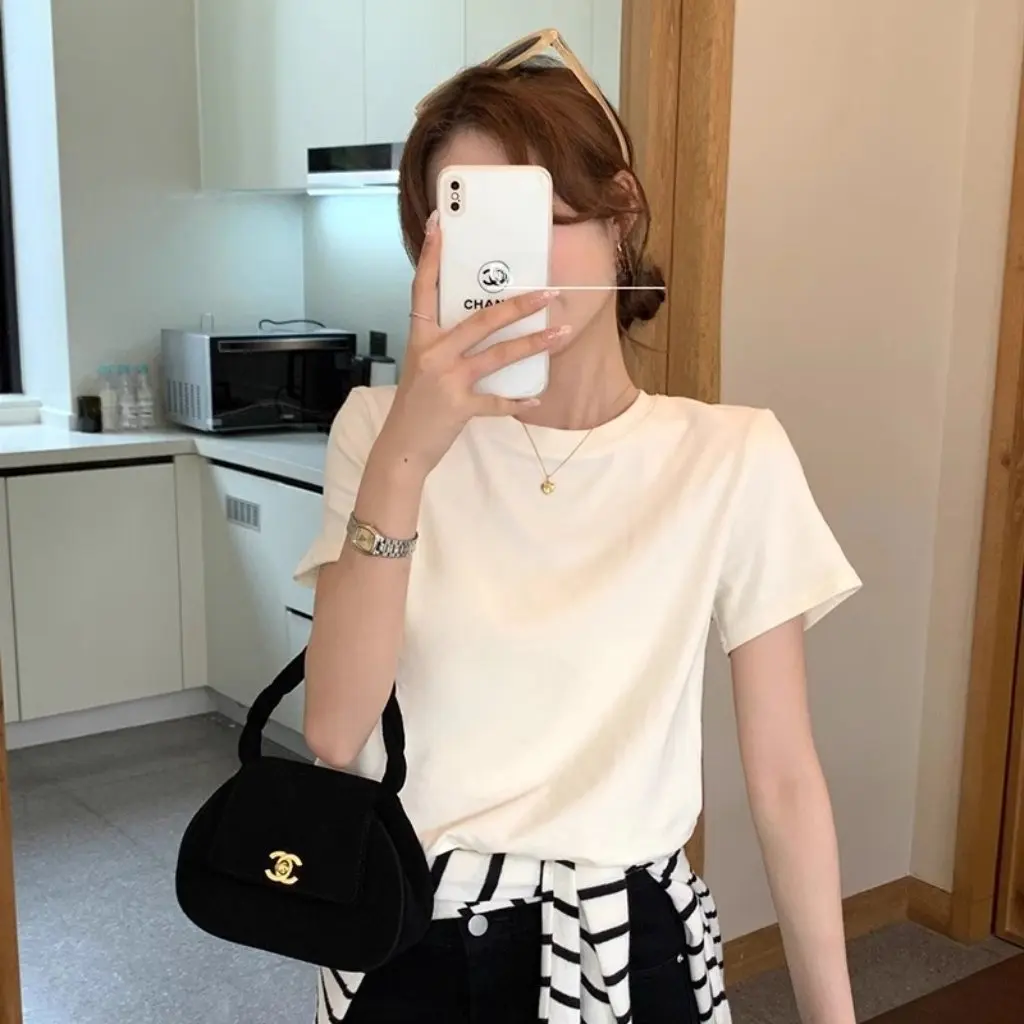

Women's Crewneck Short-Sleeved T-shirt Loose Fit Cotton Base Shirt Shoulder Top for Spring Autumn Summer