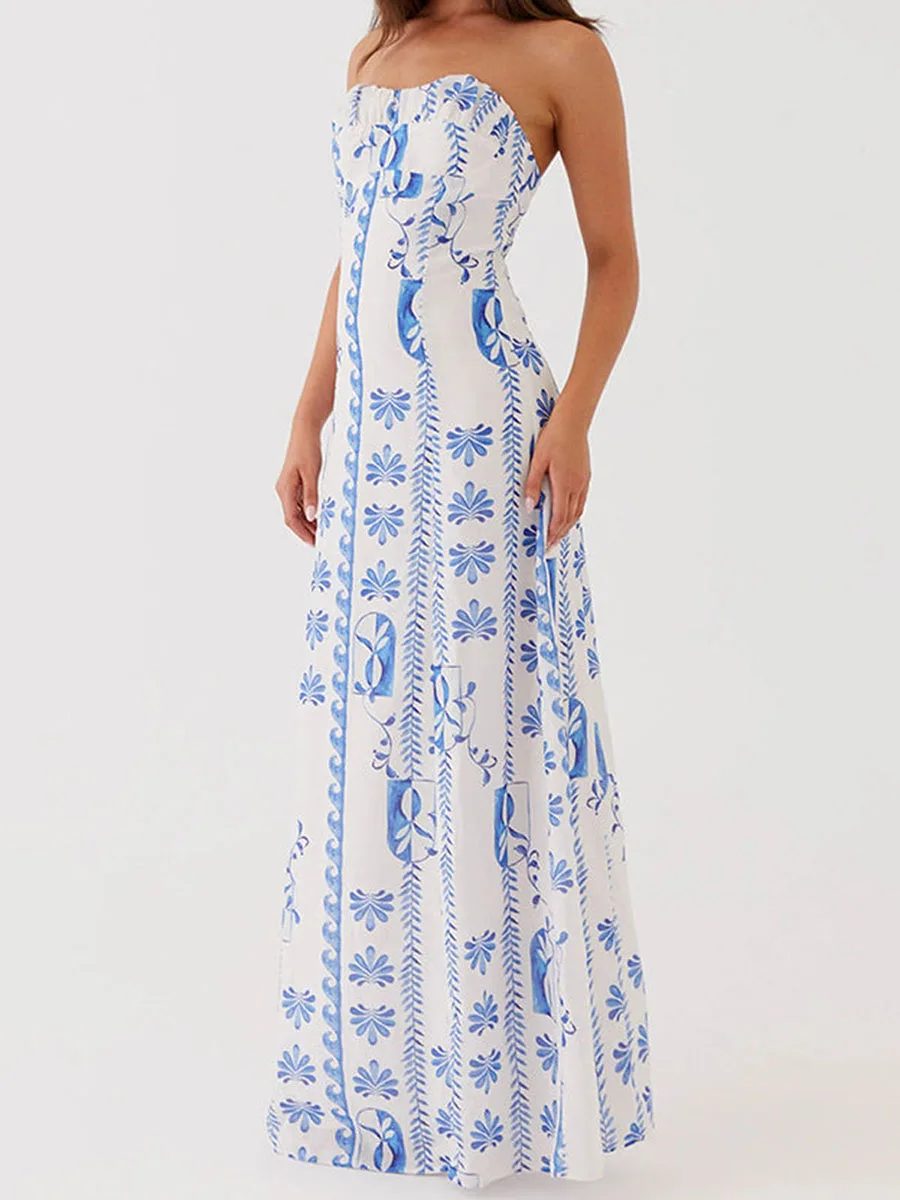 Langes Röhrenoberkleid für Damen mit Blumenmuster, einfarbig, gerüscht, schulterfrei, ärmellos, A-Linie, Abendkleid für Party, Club