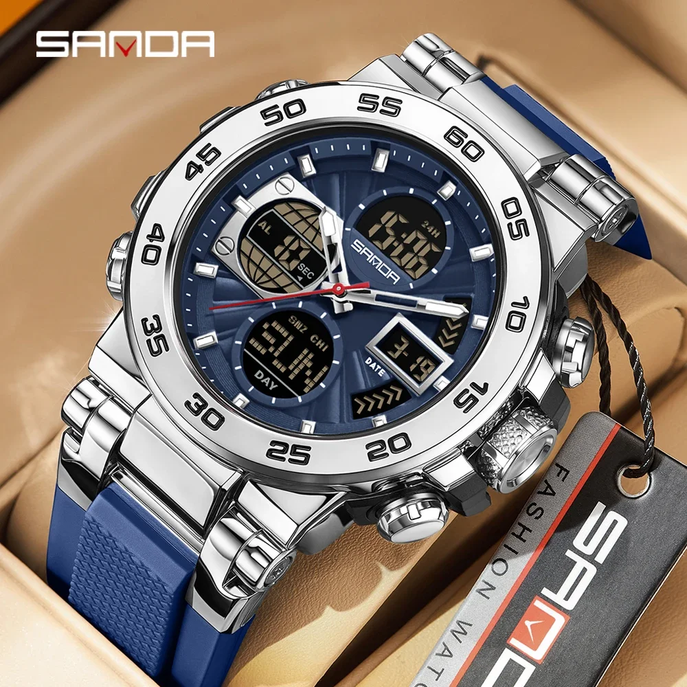 SANDA 6312 Fashion Popular Men's Watch Multi functional Large Dial Waterproof Electronic Quartz Watch Dual Display Student Watch