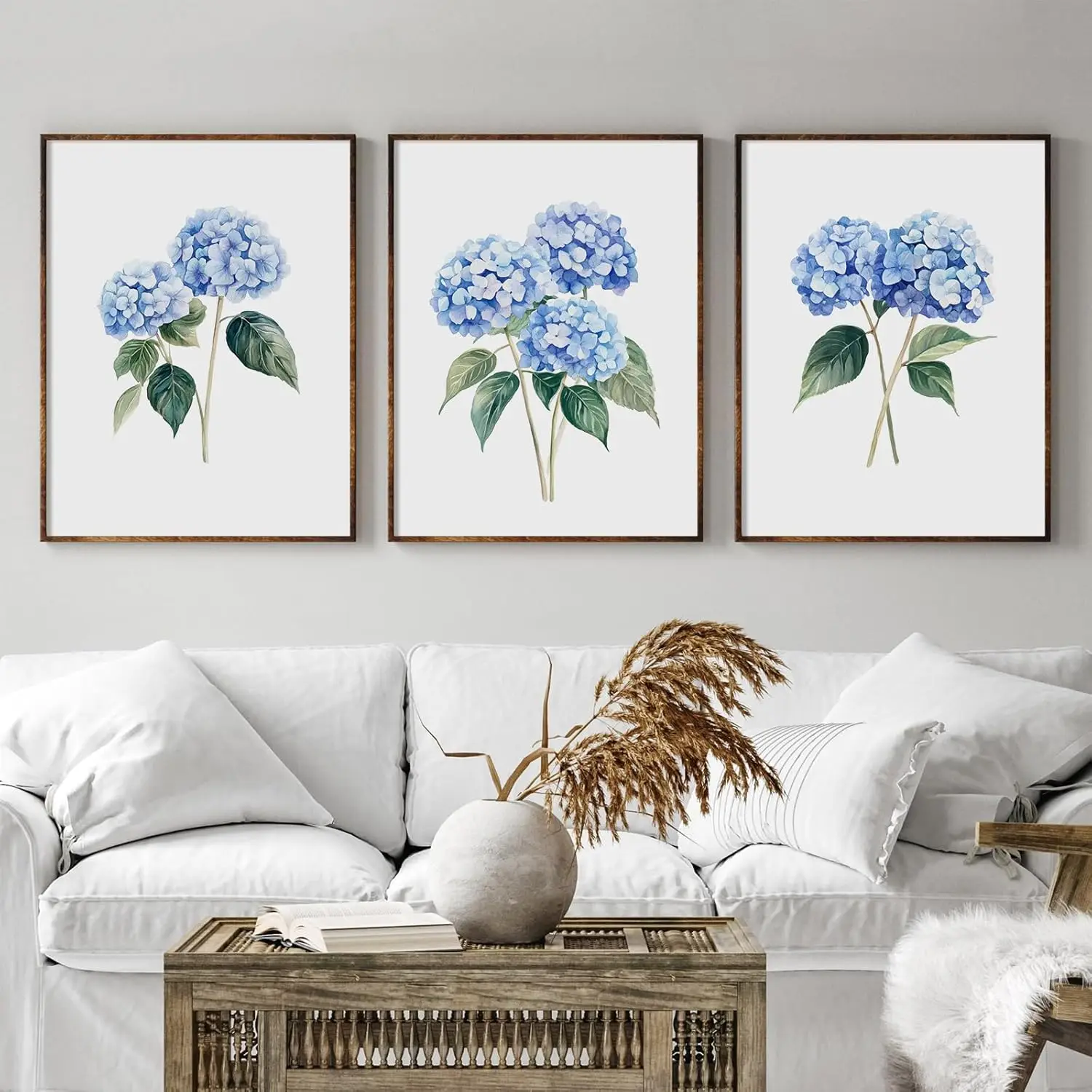3pcs/Set Blue Hydrangea Watercolor Floral Print Plant Walls Modern Minimalist Canvas Bedroom Living Room Office Home Decoration