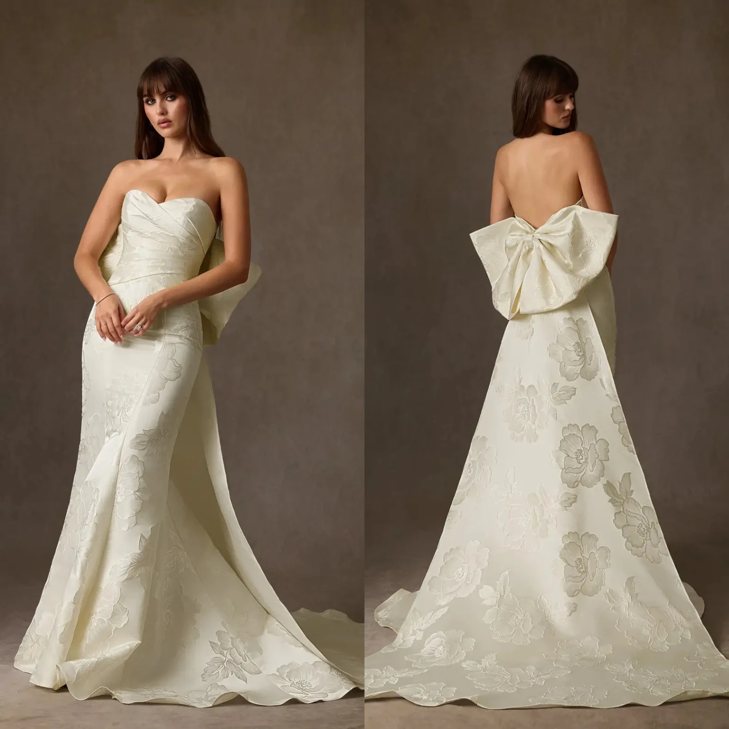 

Sweetheart Jacquard Mermaid Wedding Dress Detachable Oversized Bow &Optional Spaghetti Straps BridalGown Custom Vestido De Novia