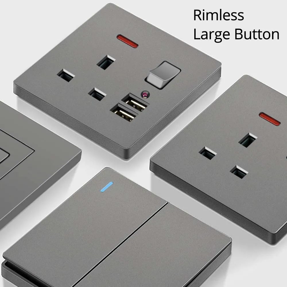 Wallpad Large Button 1 2 3 4 Gang 2 Way Switch Grey Plastic Panel EU UK Socket Type C USB Charge Port 10A 250V