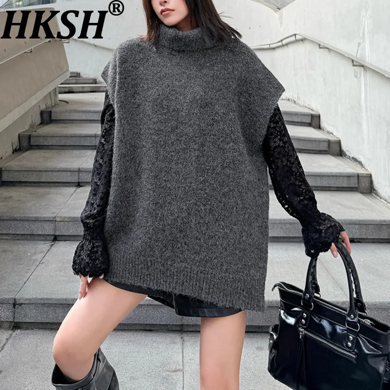 

HKSH Autumn Winter New Women Sweater Turtleneck Pullover Sleeveless Solid Color Korean Versatile Chic Casual Knitted Top HK17321