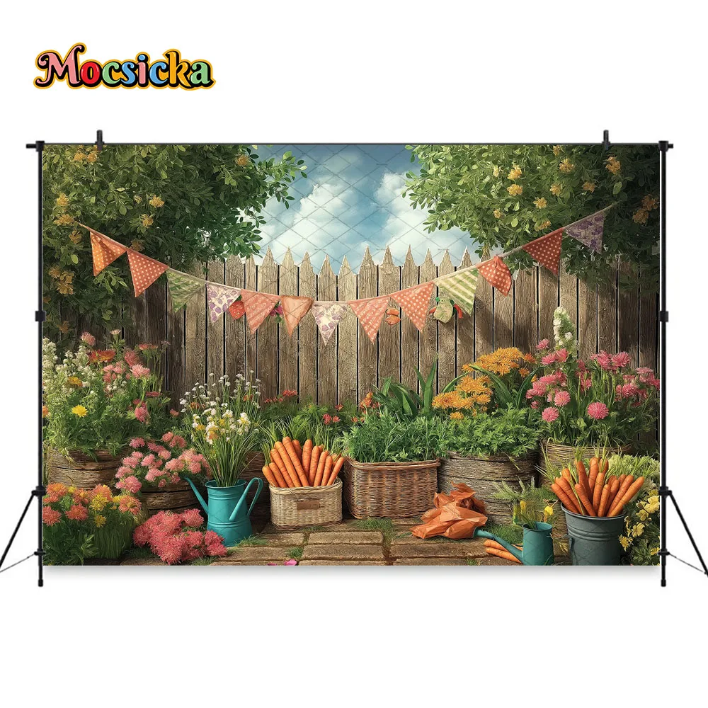 Mocsicka Easter Photo Backdrop Carrot Floral Bunting Flag Rustic Fence Background Photography for Newborn Kids Portrait Studio