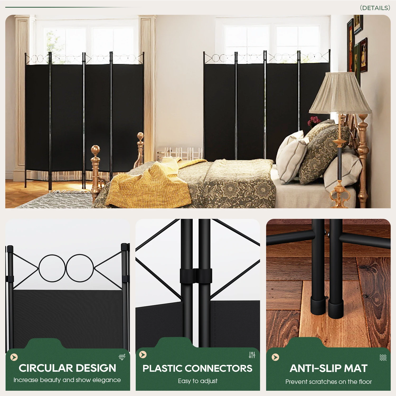 مقسم الغرفة، 4 ألواح إطار فولاذي بطول 6 أقدام، شاشة خصوصية قابلة للطي مع قماش مقاوم للماء ووسادات قدم مضادة للانزلاق للمكتب المنزلي. أسود