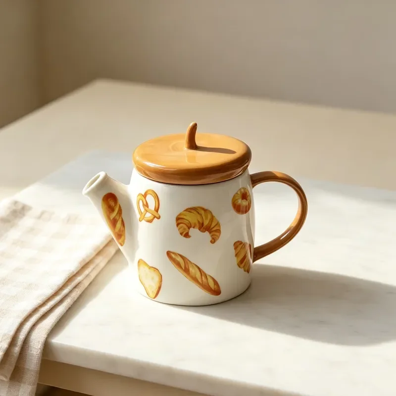 Hand Painted Ceramic Milk Jug with Wooden Handle and Lid Household Coffee Milk Storage Container