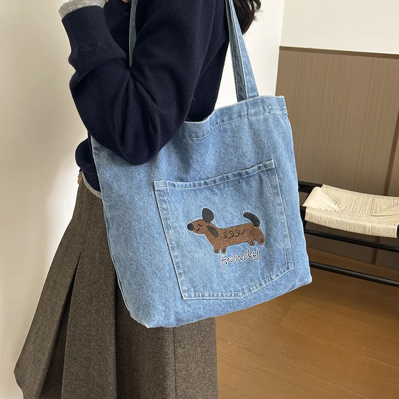 Cartoon Embroidery Puppy Denim Shoulder Bags for Women Versatile Large Capacity Ladies Handbag Daily Casual Female Tote Bag
