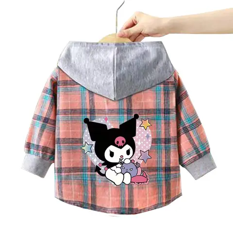 Spring and Summer Children's Sanrio Kuromi Shirts 1-12 Year Girls Checkered Hooded Blouse Kids Casual Cartoon Shirt Sweater