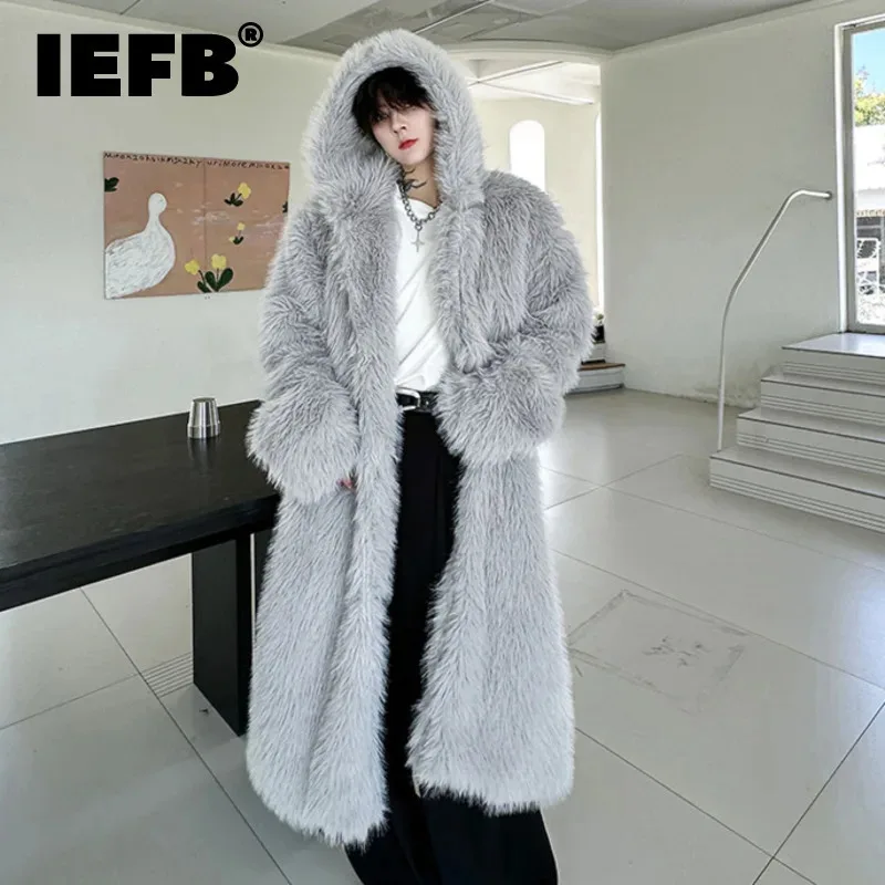 IEFB Trend Men's Thickened Mid Length Faux Fur Coat Loose Oversize Winter Fashionable Woolen Windbreaker Over Kenee New 9C3168