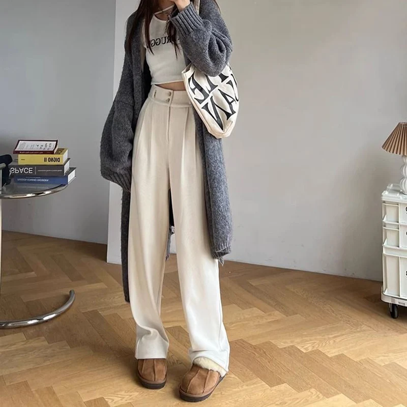 Pantalon de costume coréen en velours côtelé pour femmes, Baggy taille haute, jambes droites, classique de styliste, pantalon fin blanc