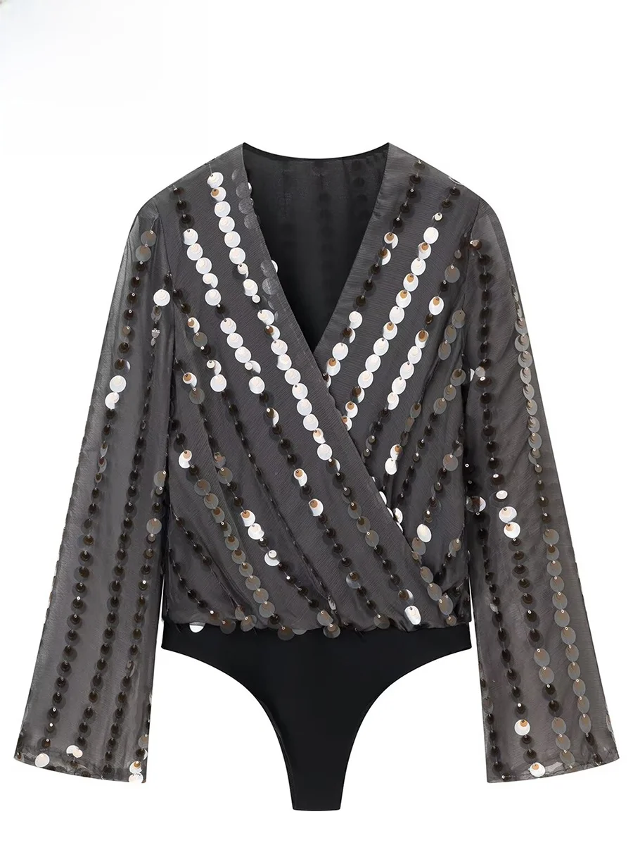 

Женский модный комбинезон ZARK с бисером, V-образным вырезом, двубортный, с длинными рукавами, прямого кроя, со средней талией, весна 2026