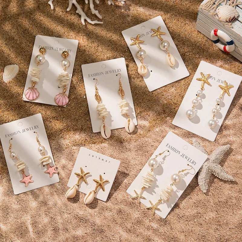 

Gold Color Pink Starfish Shell Imitation Pearl Pendant Earrings Fashion Trend Ocean Beach Party Jewelry Accessories for Women