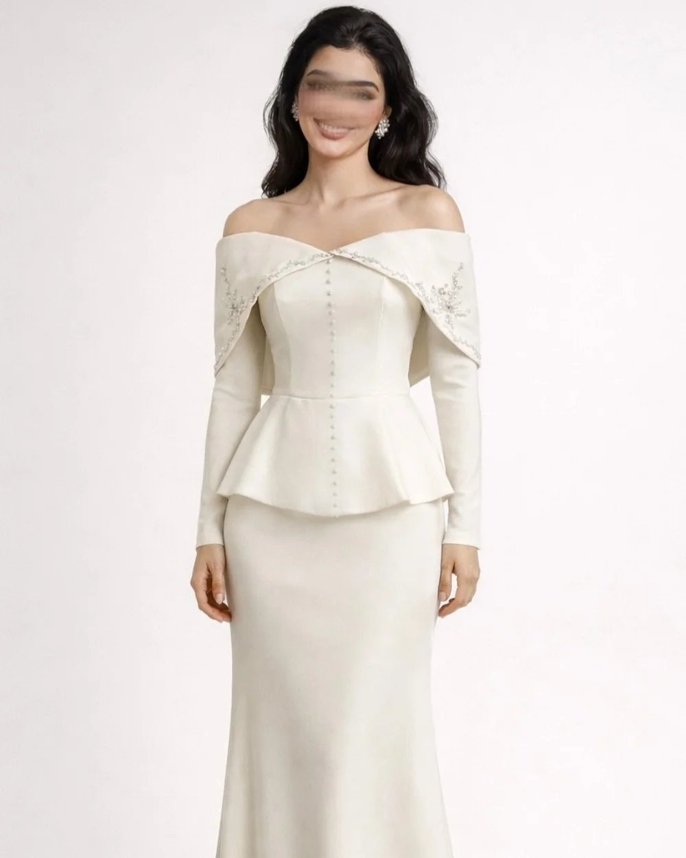 

Customized Elegant Women Jersey Button Rhinestone Mermaid Evening Dresses Matching Off-the-shoulder Floor Lenght Prom Dresses