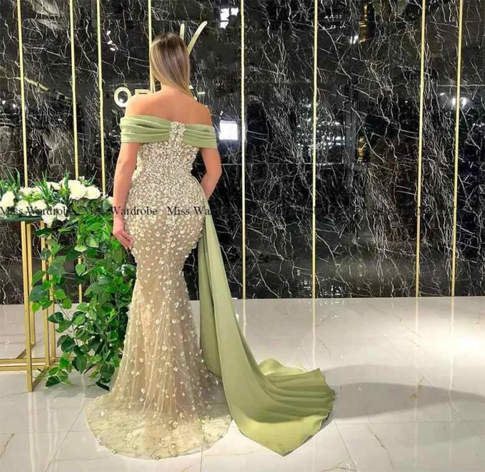 Sparkling Sage Evening Dresses Mermaid Party Prom Gowns Beading Strapless Wedding Guest Dress 2024 Off Shoulder Sleeve Back Out