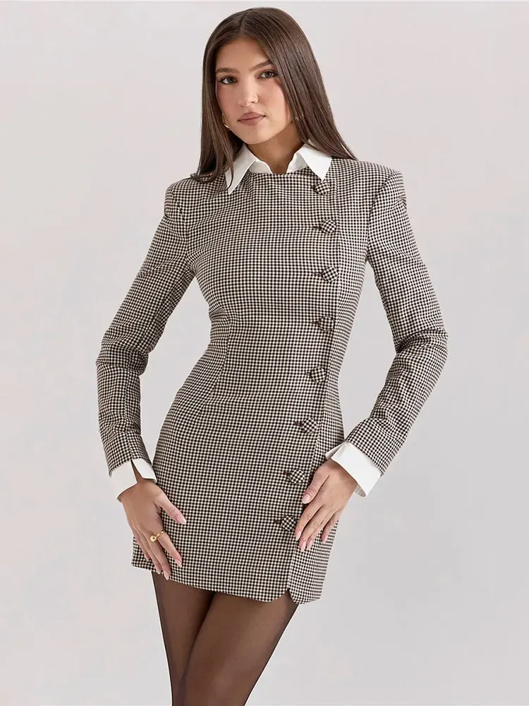 

GACVGA Plaid Long Sleeve Sexy Mini Dress For Women Elegant Single-breasted Lapel High Waist Bodycon Club Party Dress Vestidos