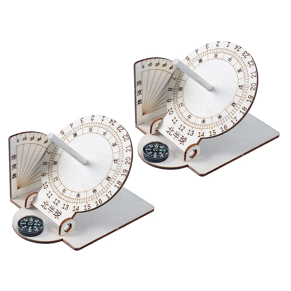 2 Pcs DIY Assembling Teaching Aids Sundial Ornament Clock Wooden Scientific Model Models