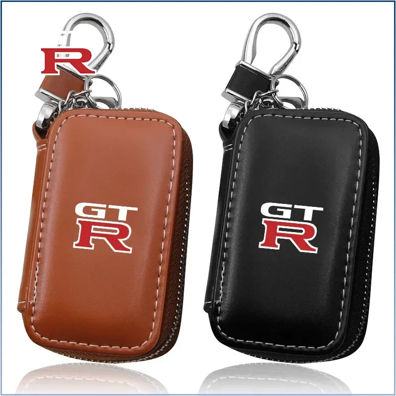 Leather Emblem Car Key Case Keychain Zipper Key Case Bag for Nissan GTR X-trail Tiida Qashqai J10 J11 Leaf Kicks Versa Hub Caps