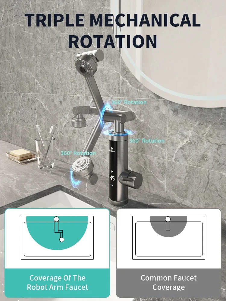 Fudeer Mechanical Arm Universal Faucet Bathroom Kitchen Splashproof Faucet Bathroom Countertop Basin Hot and Cold Tap Faucet