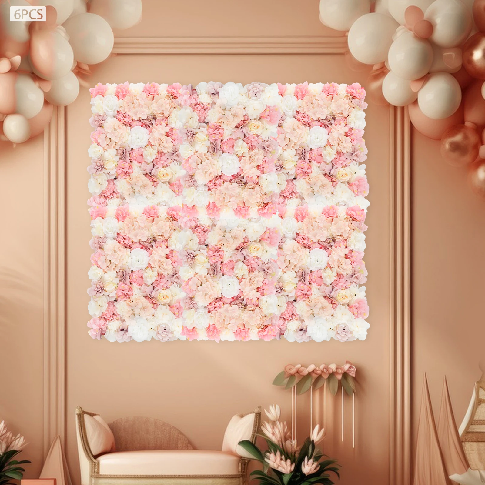 

Artificial Flower Wall 6 Panels, Dahlia Rose Hydrangea Silk Fabric Privacy Screen, 60x40cm Each, Wall Mount Suspension, for Garden Wedding Fence Background Party Balcony, Pink White