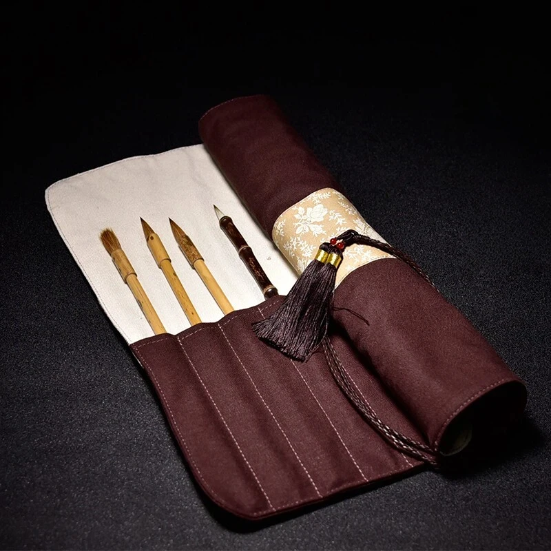 Canvas Hand Embroidery Chinese Style Calligraphy Brush Roll Pen Curtain Simple Creative Ink Brush Storage Student Art Organizer