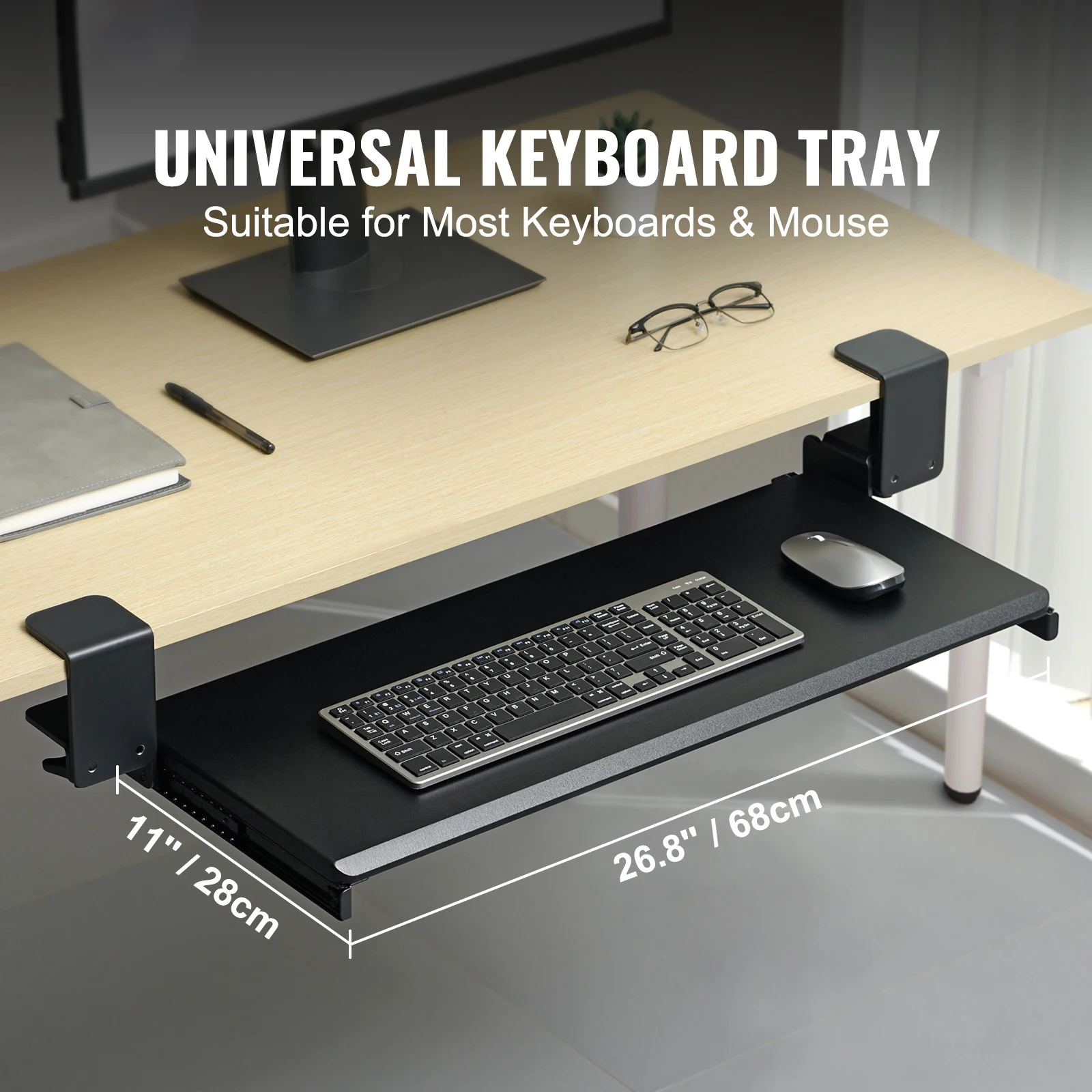SucceBuy Clamp on Keyboard Tray Under Desk Keyboard Tray Slide out with Sturdy No-drill C-Clamps Mount Slide-out Computer Drawer