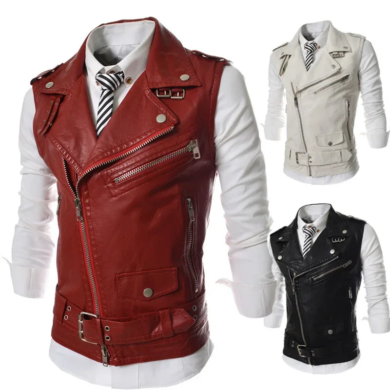 2023 Men\'s Lapel Leather Vest Korean Version Slim Fit PU Leather Sleeveless Coat Multi Pull Chain Leather Vest