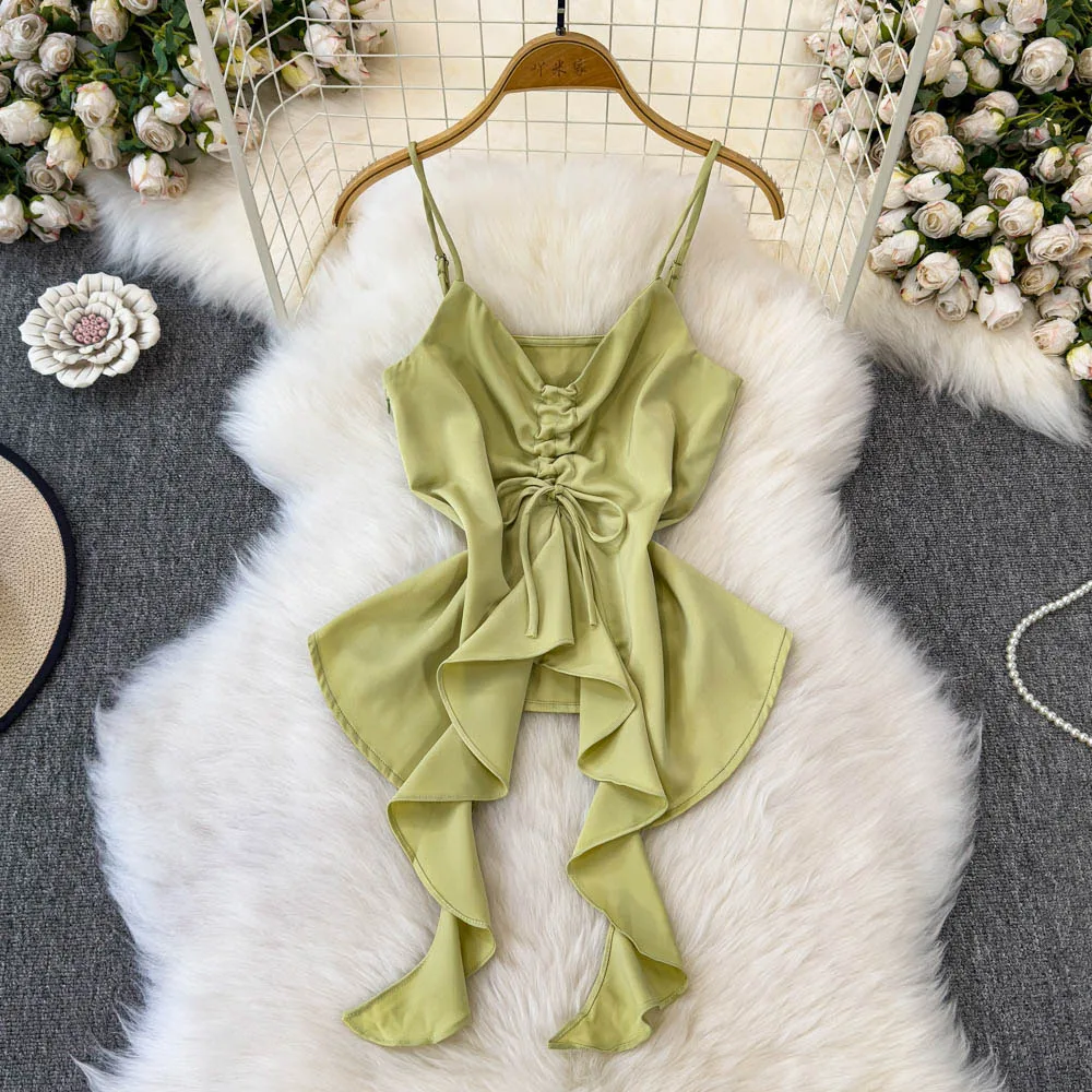 

Women's Solid Color Satin Tank Top 2025 Summer New Elegant Sleeveless Camisole Ruched Frills Casual Versatile Female Tops