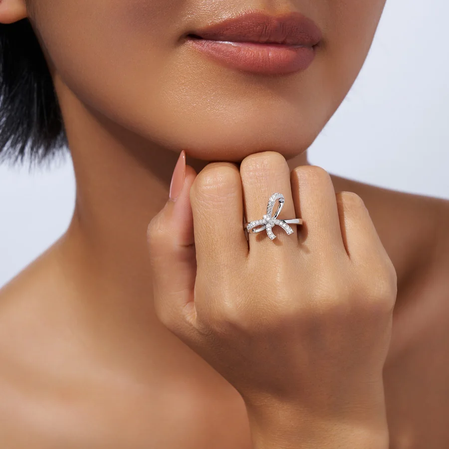 JIUZUAN Bowknot تصميم خاتم S925 الفضة 18K مطلية بالذهب مطعمة الزركون تألق النهاية لارتداء اليومي هدية خاتم مجوهرات أنيق #1