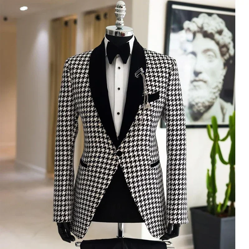Houndstooth Business Suits For Men Check Wedding Groom Tuxedo  Slim Fit 2 Pcs Fashion Blazer With Pants Custom Made