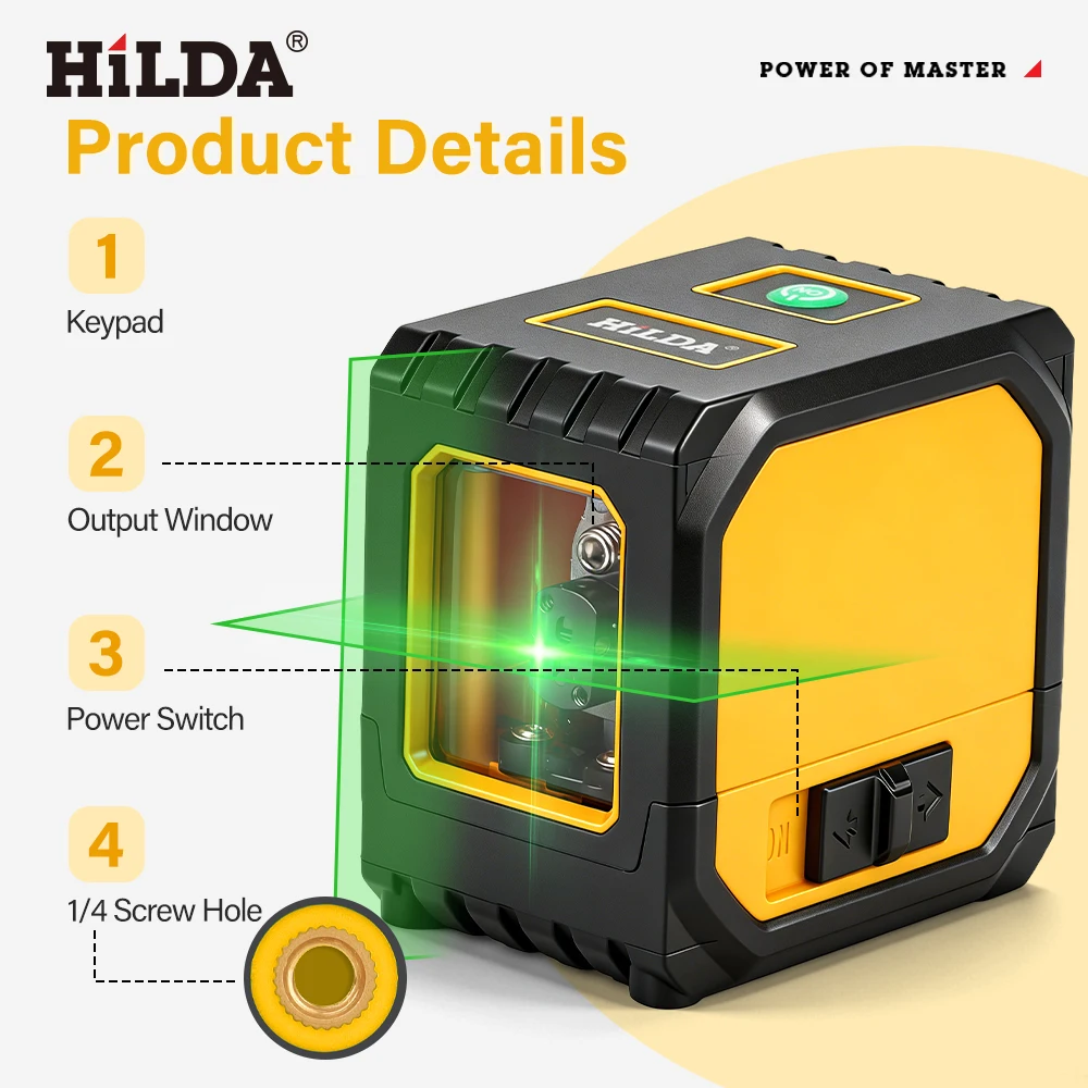 HILDA 2-Line Green Laser Level Self-Leveling Cross Line, Mini Size USB Charging Convenient to Carry High Visibility Beams