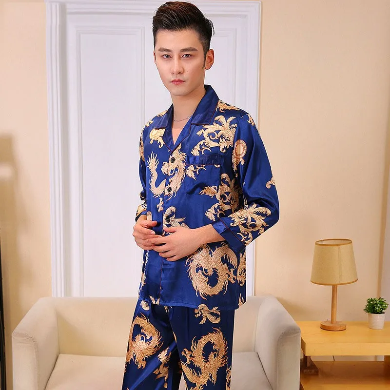 Dragon Print Chinese Men's Loose Sleepwear Faux Silk 2PCS Pajamas Suit Spring Autumn Casual Nightwear Full Sleeve Pant Home Wear