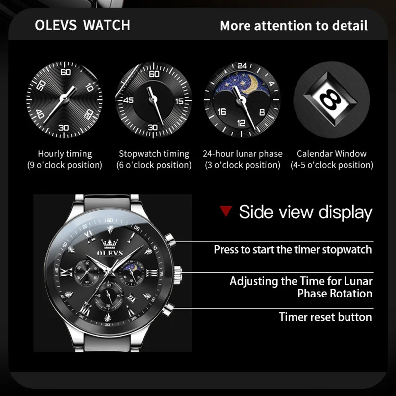 OLEVS 7004 High Quality Ceramics Strap Quartz Watch for Men Elegant Gentleman Waterproof Chronograph Moon Phase Men\'s Wristwatch