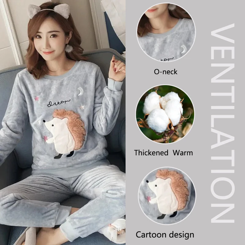 Thickened Warm Flannel Pyjamas Women Autumn Winter Sleepwear Loungewear tops and Trousers Coral Fleece Ladies Nightwear Homewear