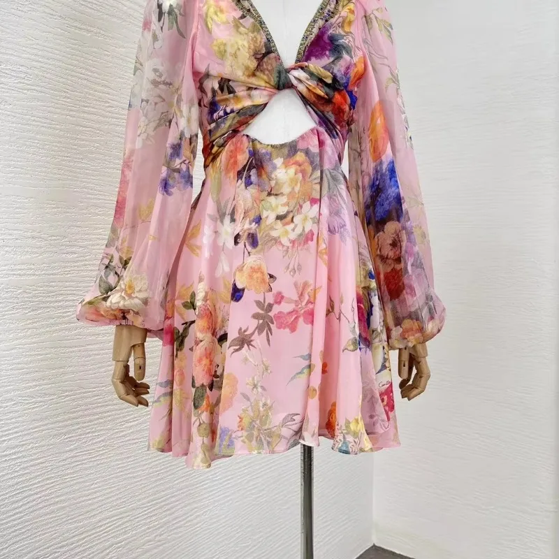 2024 New Spring High Quality Silk Pink Long Sleeve Knot Front Floral Print Diamonds Pressed Women Mini Dress