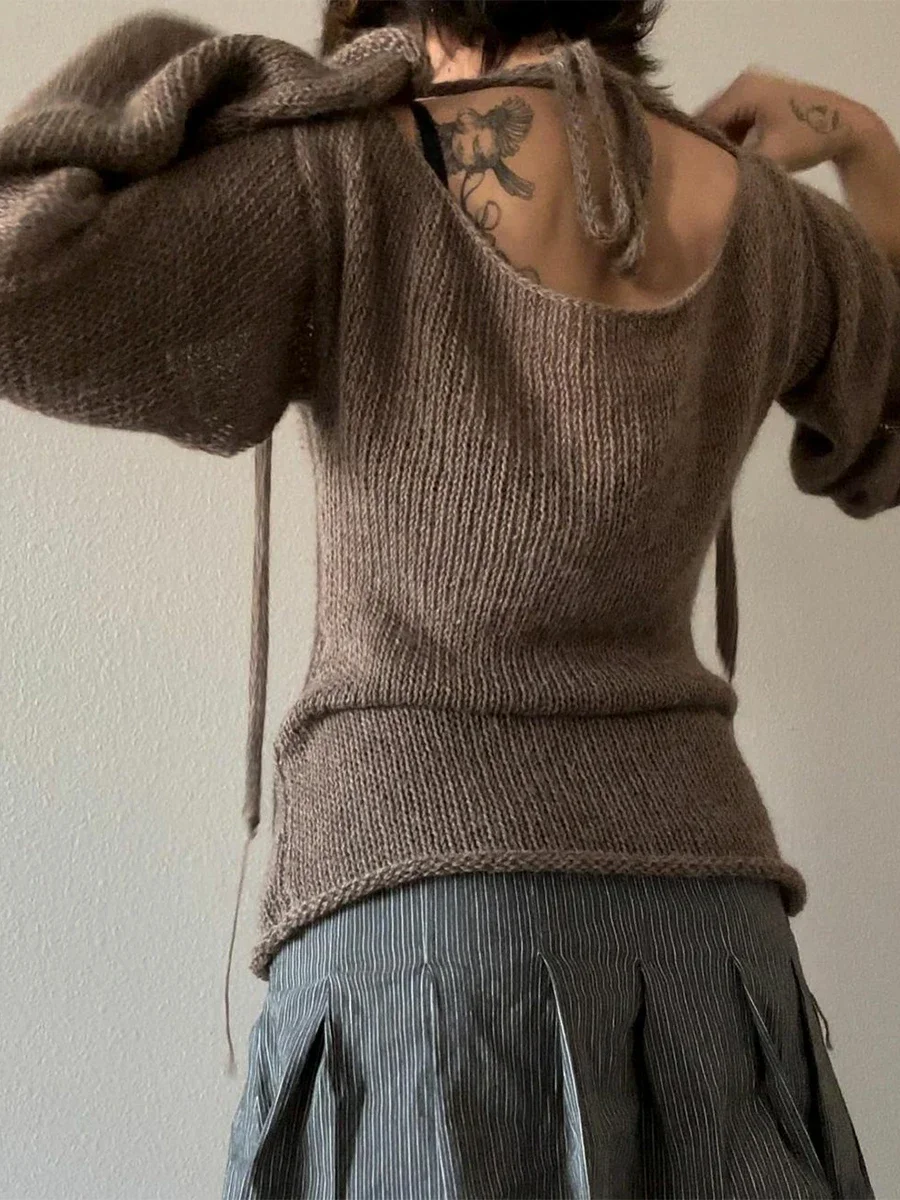 

Модная женская футболка с завязками на спине, свитера с длинным рукавом и вырезом лодочкой, однотонный вязаный пуловер, повседневные топы, уличная одежда Y2k, летняя майка