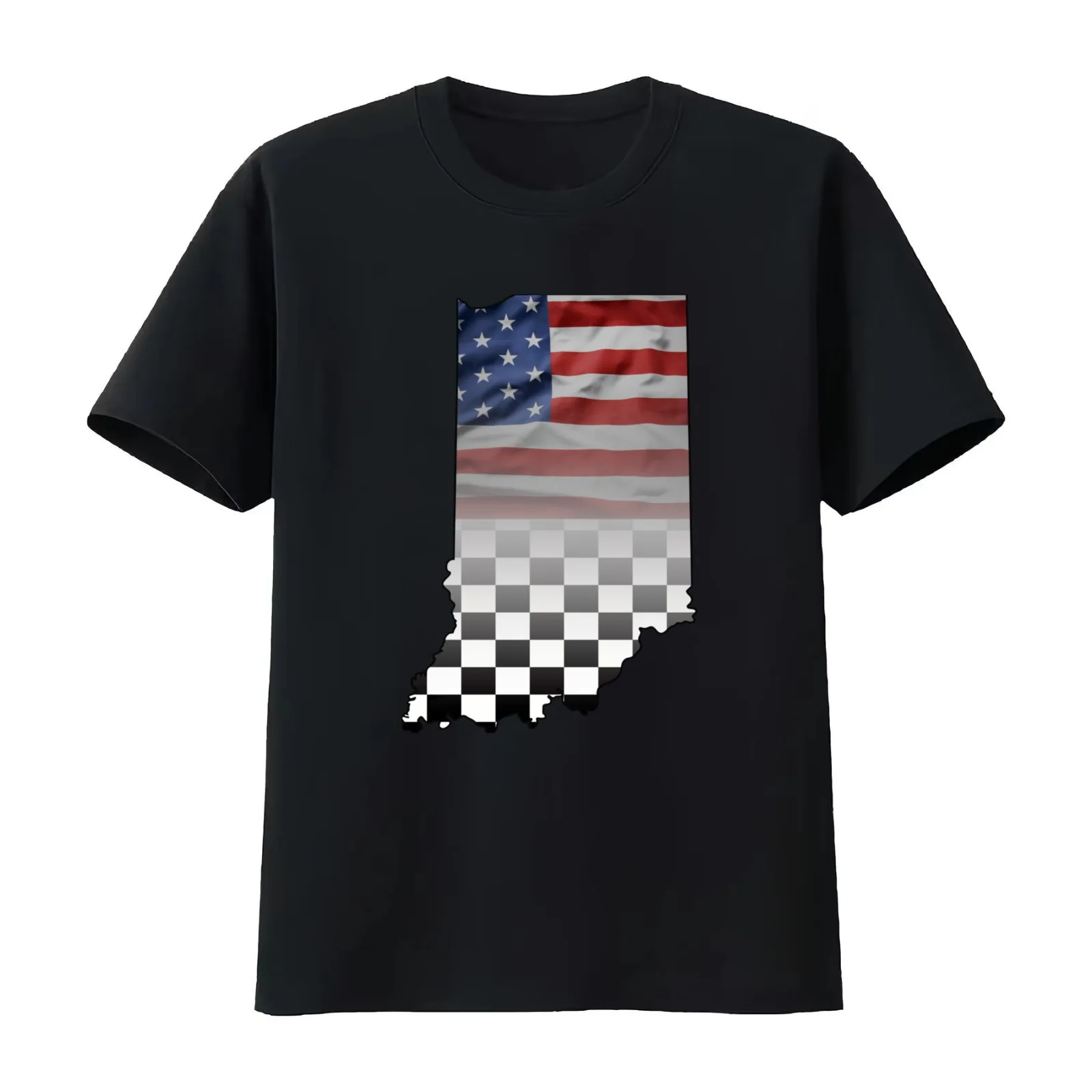 Indiana American Flag and Checkered Flag T-Shirt Summer Casual Cotton Tee Oversized Streetwear Tops Vintage Graphic Print