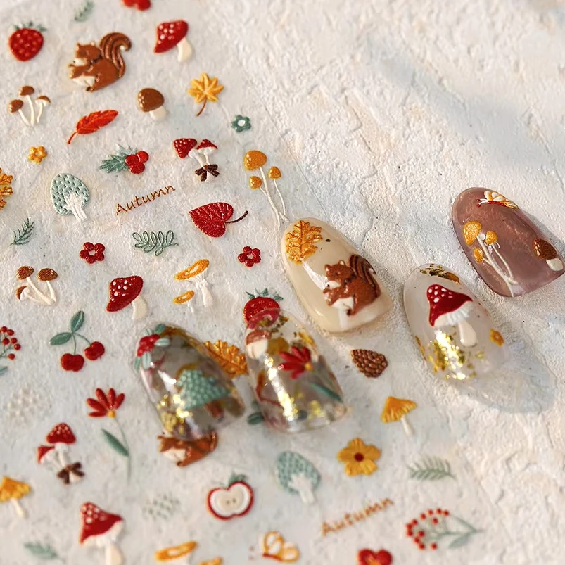 

Lovely Squirrel Red Mushroom Apple Strawberry Kawaii Cherry Pinecone Ginkgo Nail Art Stickers Butterfly Flowers Manicure Decals