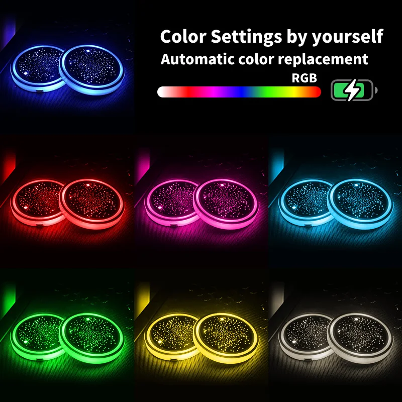 2PCS LED Cup Holder Lights for Car, Rechargeable 7 Color-Changing Light Up Cup Holder Insert Coasters, Car Accessories for Teens