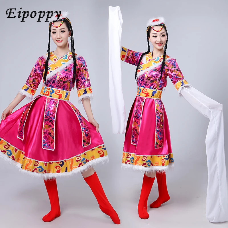ชุดเต้นรำสไตล์ธิเบตสำหรับผู้หญิงชุดเต้นรำชนกลุ่มน้อยชาวทิเบตชุดการแสดงบนเวที